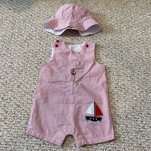 Red Seersucker Sailboat Shortall - 18M - with matching hat